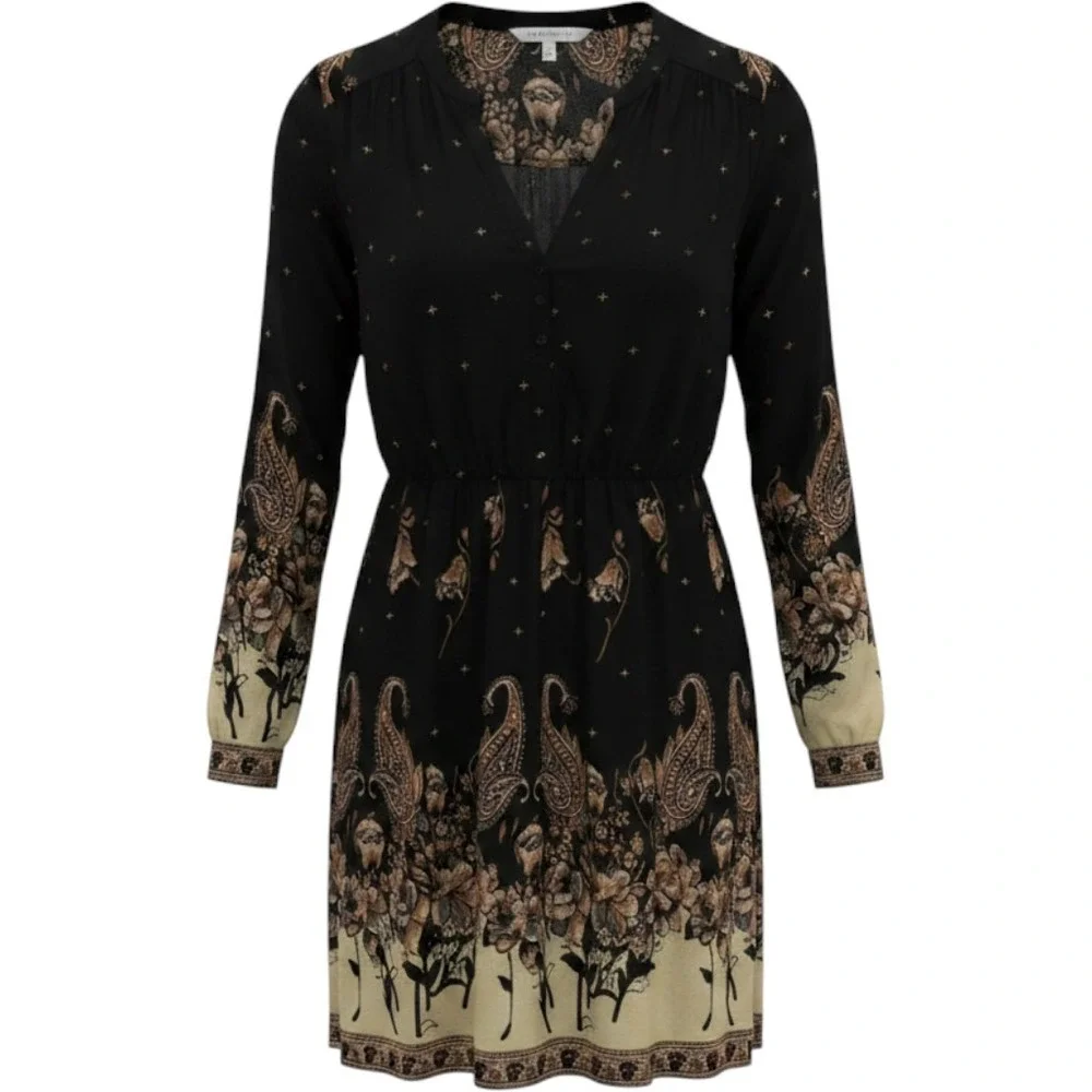 Free People Black Floral Paisley Border Print LS Mini‎ Dress Boho Pockets